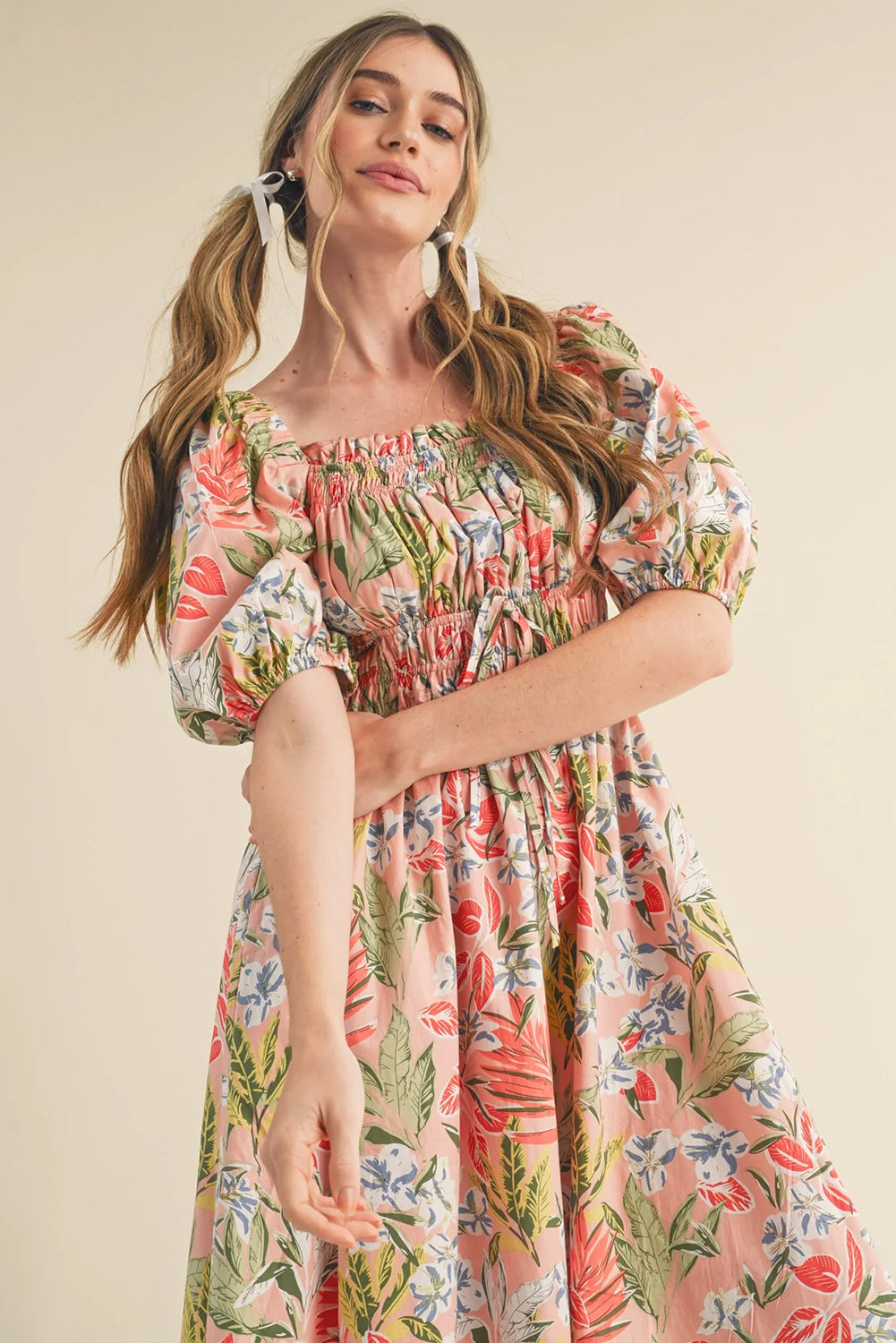 Apricot Pink Floral Knot Front Smocked Bubble Sleeve Dress a58e1055c3f4a6db