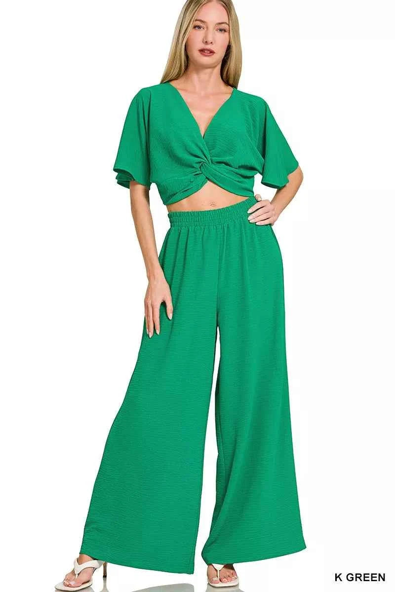 Zenana Woven Airflow Twisted Top & Wide Leg Pants Set K GREEN a59472834a824dd692745be35aa029eb-Max-Origin