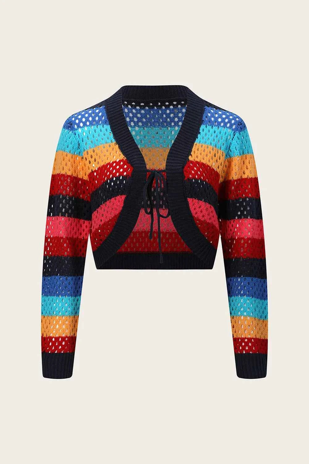 Openwork Color Block Tied Cardigan Multicolor a59b0845-80ae-408e-b7c8-4b63dd0e314a-Max
