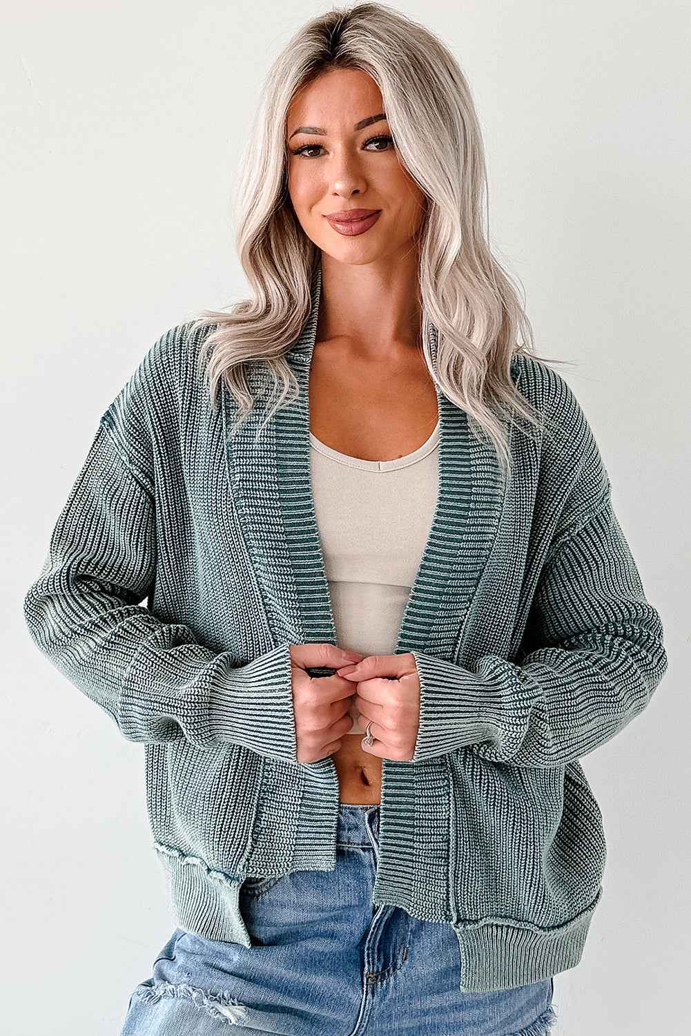 Chestnut Mineral Wash Exposed Seam Patchwork Knit Open Sweater Cardigan a5a1899019911278