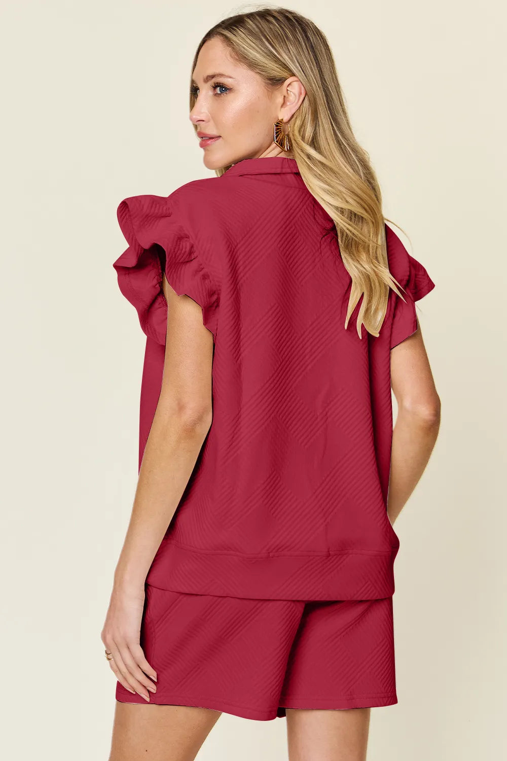Double Take Full Size Texture Flounce Sleeve Top and Drawstring Shorts Set a5a26d13-dbfb-4a2f-977b-b21a61a9901b-Max