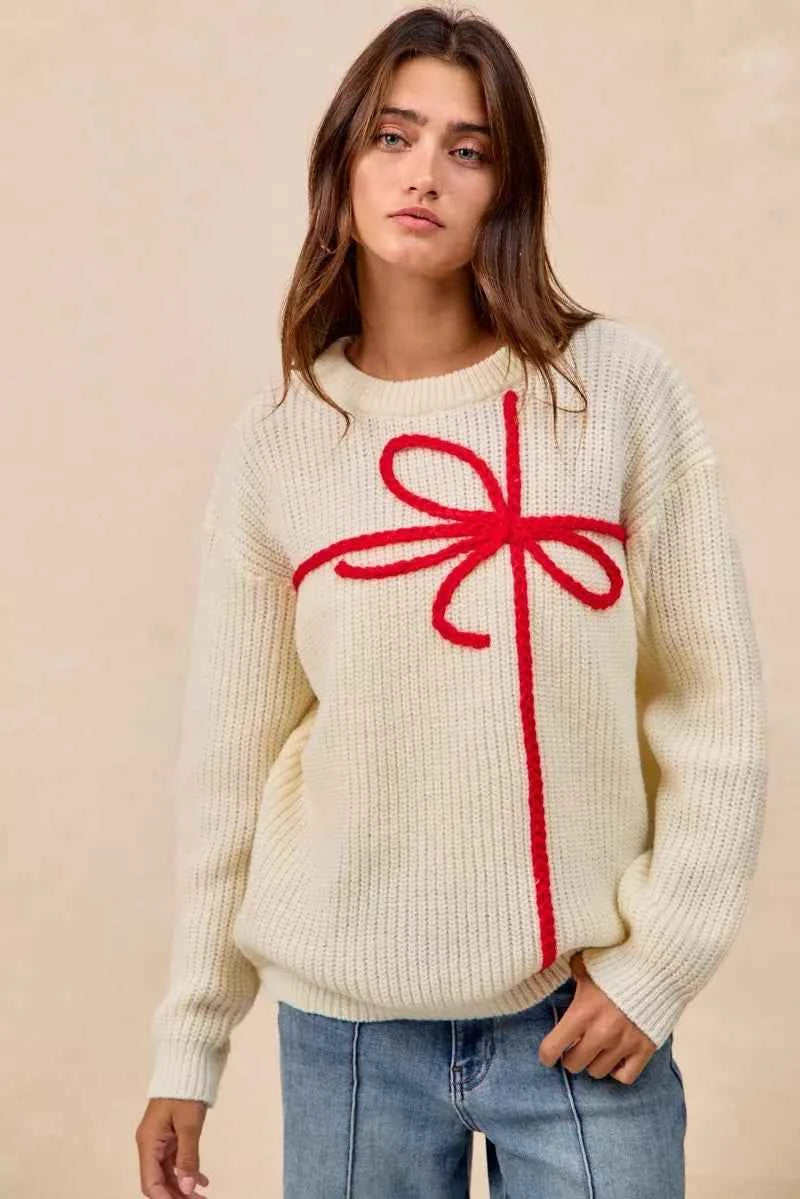 BiBi Christmas Ribbon Bow Embroidery Sweater CREAM RED a5a3ad9957e04e1eb66725b45be8be00-Max-Origin
