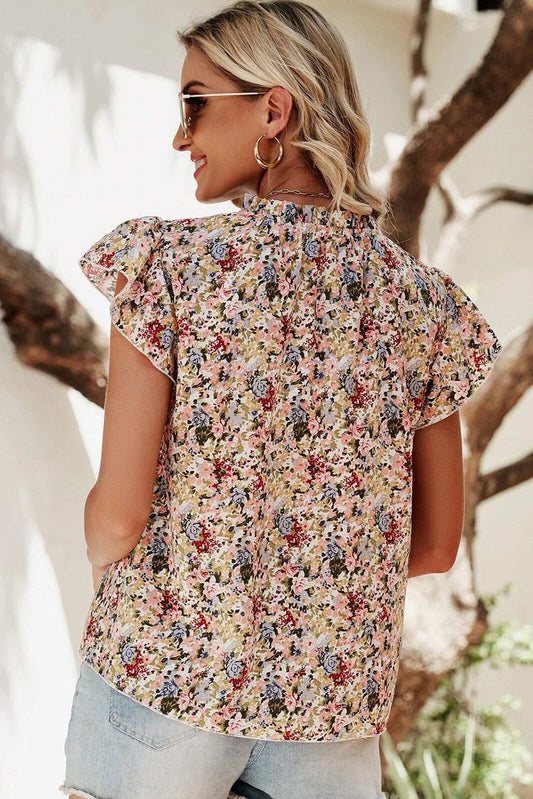 Red Boho Floral Frilled Button Neck Ruffle Short Sleeve Blouse a5aabd9153be22a6-_2