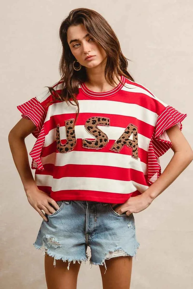 BiBi Stripe Mixed Ruffle Sleeve Top With Leopard Letter RED a5ab5057d2914f3d988173e2c81e2532-Max-Origin