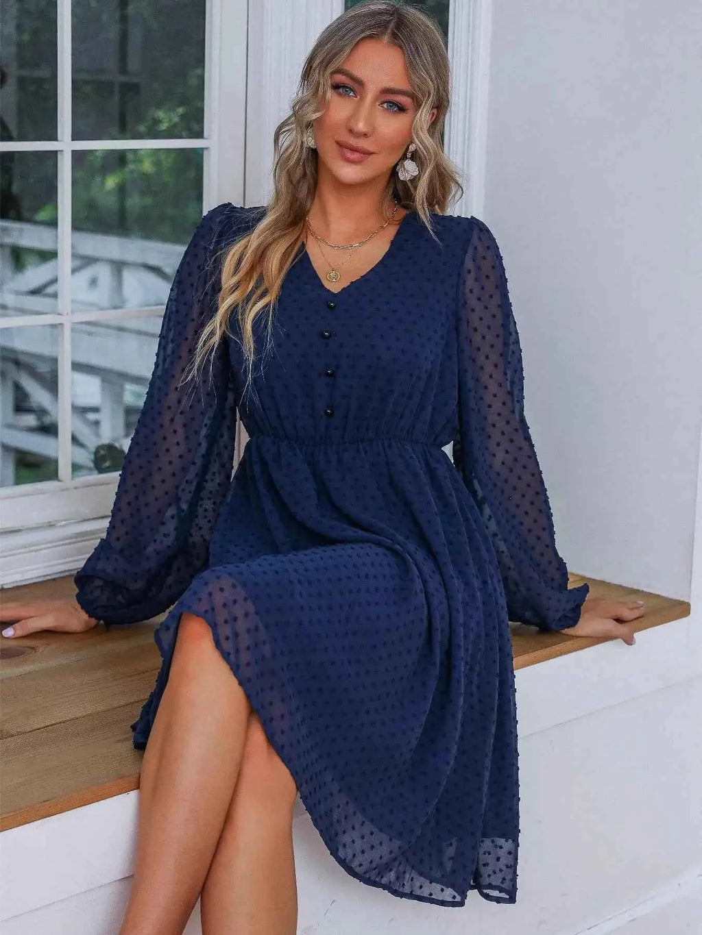 Swiss Dot V-Neck Balloon Sleeve Dress Navy a5abed15-5b79-426f-963c-71a681c2d8a3-Max-Origin