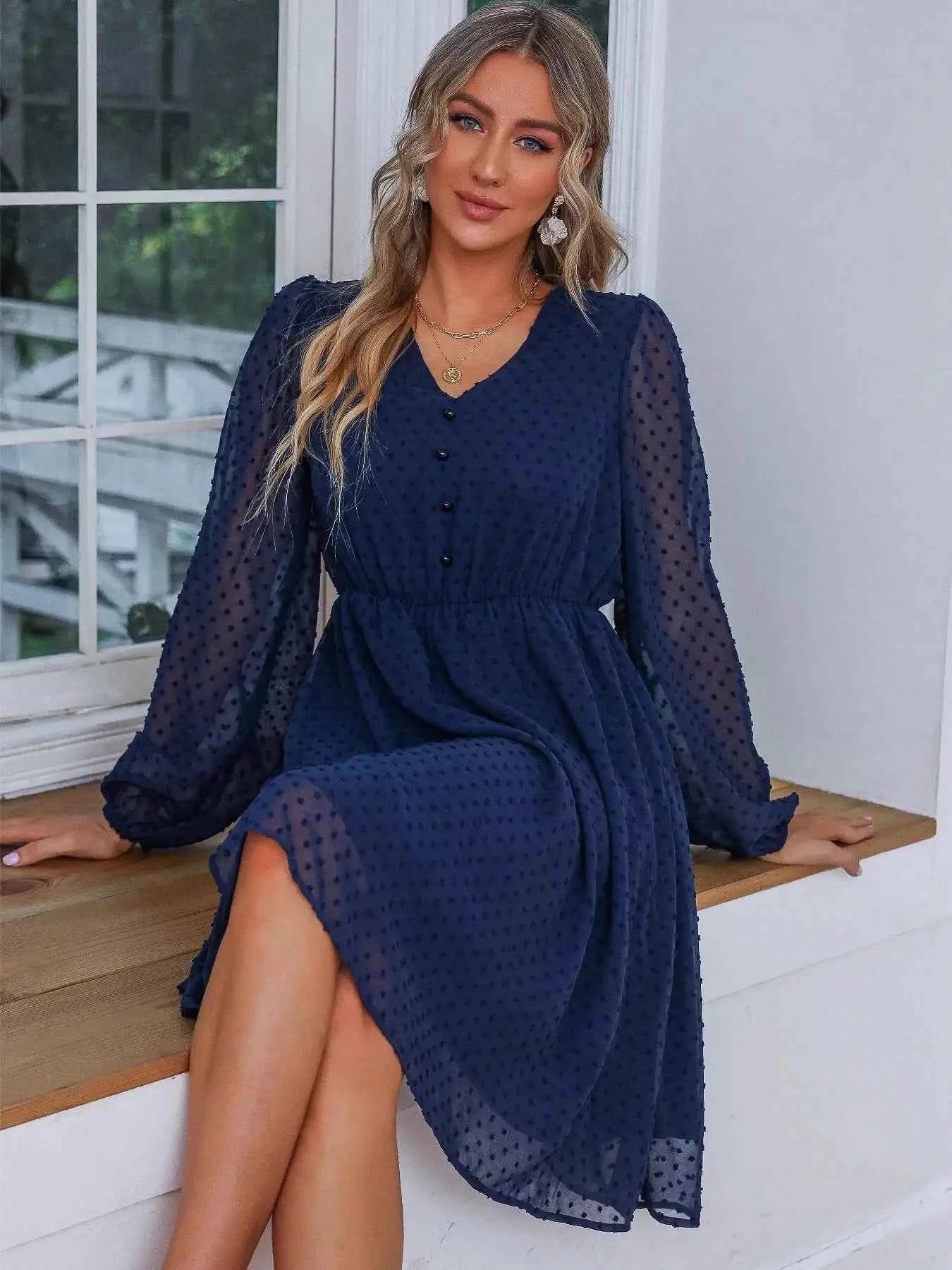 Swiss Dot V-Neck Balloon Sleeve Dress Navy a5abed15-5b79-426f-963c-71a681c2d8a3-Max-Origin