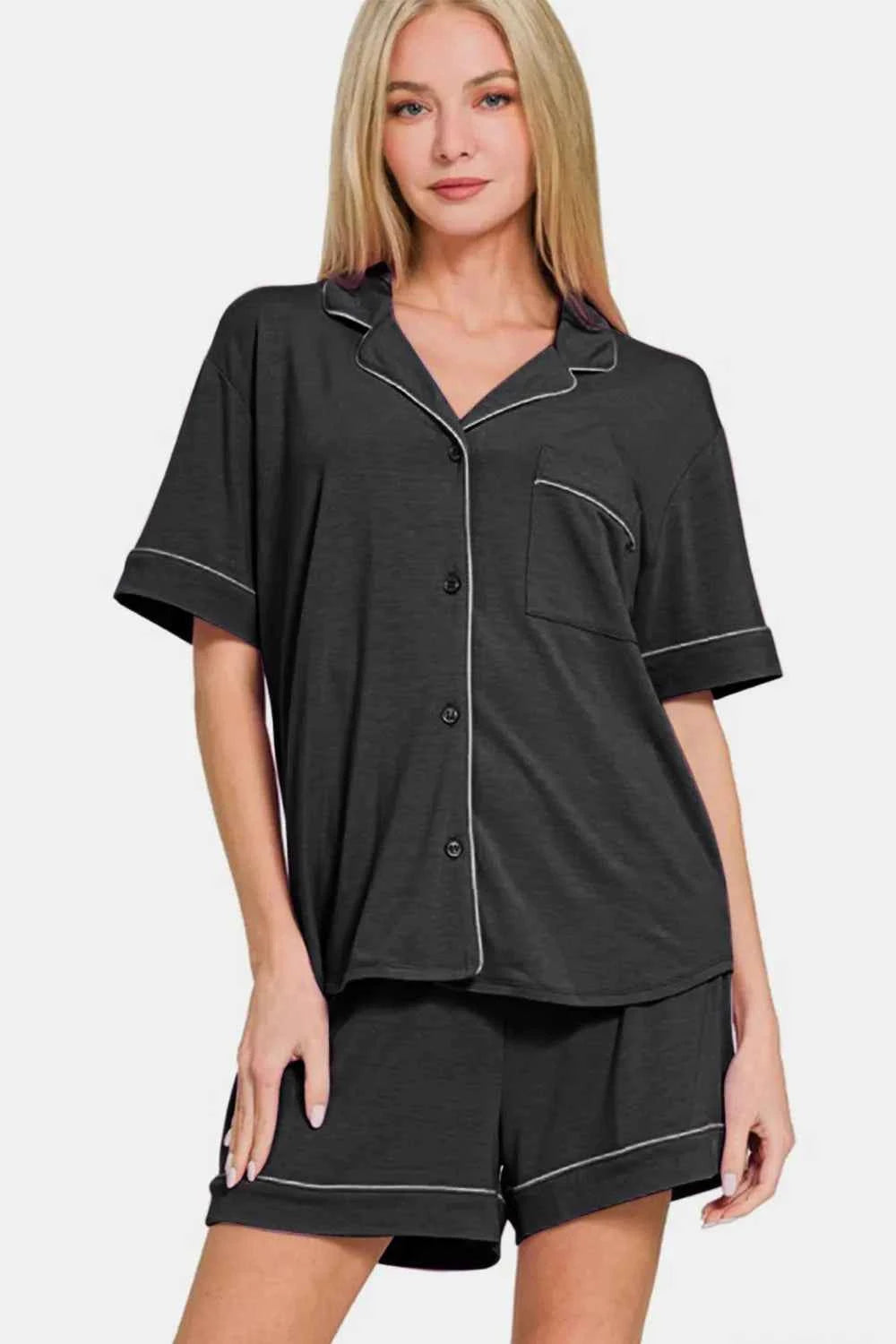 Zenana Button Down Short Sleeve Top and Shorts Lounge Set a5b0f12e-06e4-49f2-a829-4ca99ef0c9f1-Max