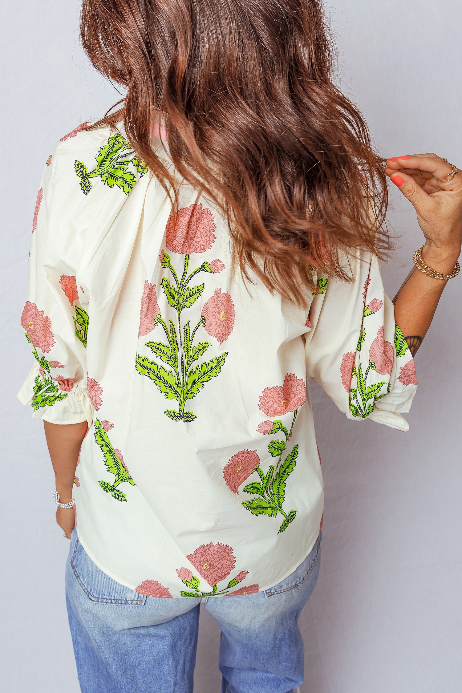 Casual Wild Flower Print V Neck 3/4 Sleeve Blouse a5b46aa8e6f49605