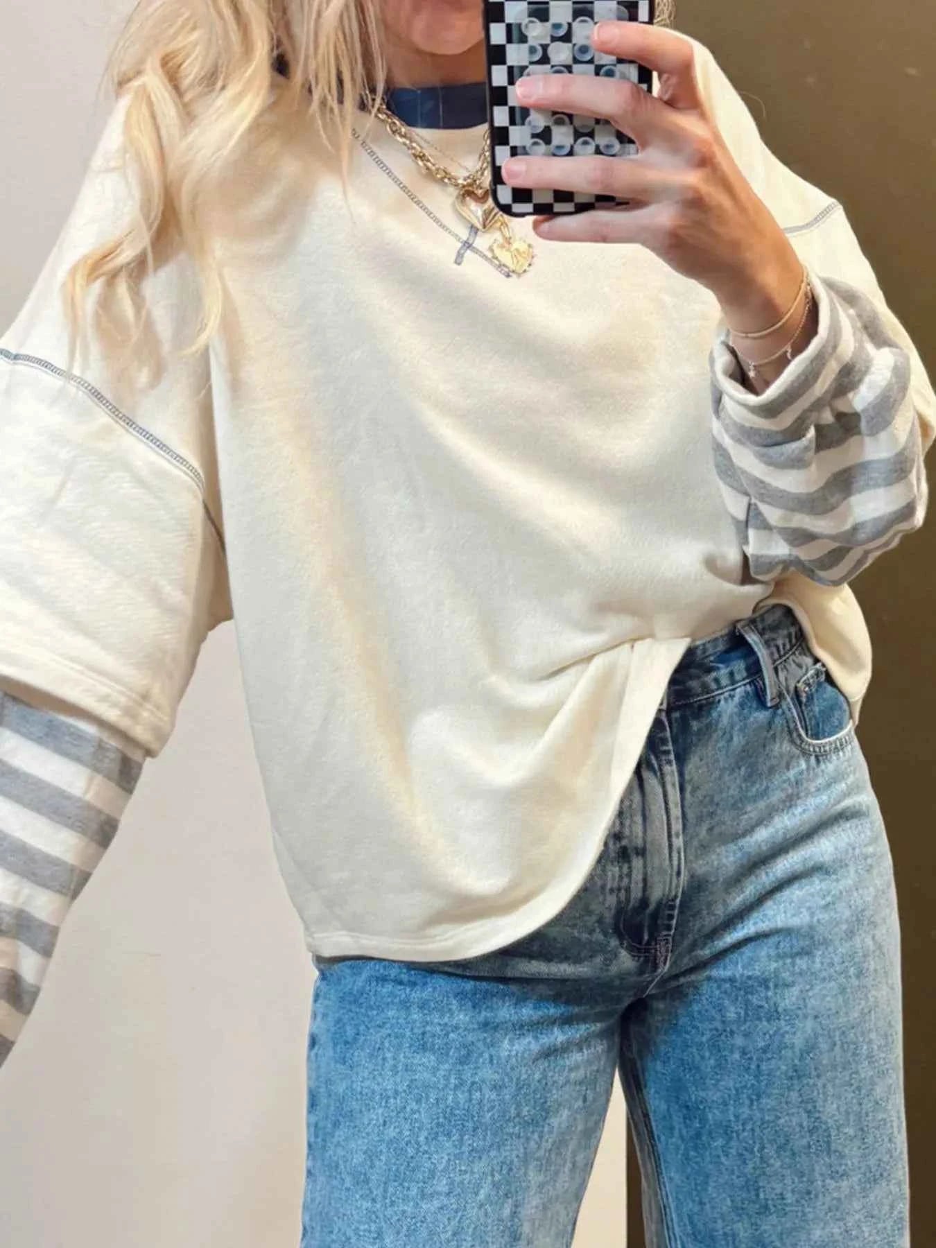 Striped Patchwork Long Sleeve Round Neck Two-in-one Top a5b48753-6dcb-4cb5-92fd-d6997e3112ac-Max-Origin