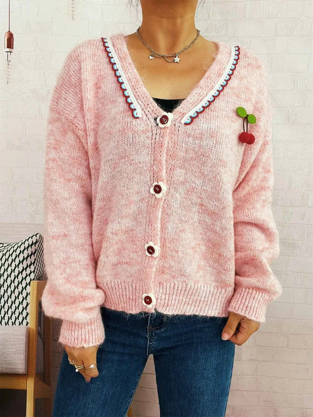 Cherry Button-Front Long Sleeve Cardigan a5b625628f564a669b006977c06b45e7-Max-Origin