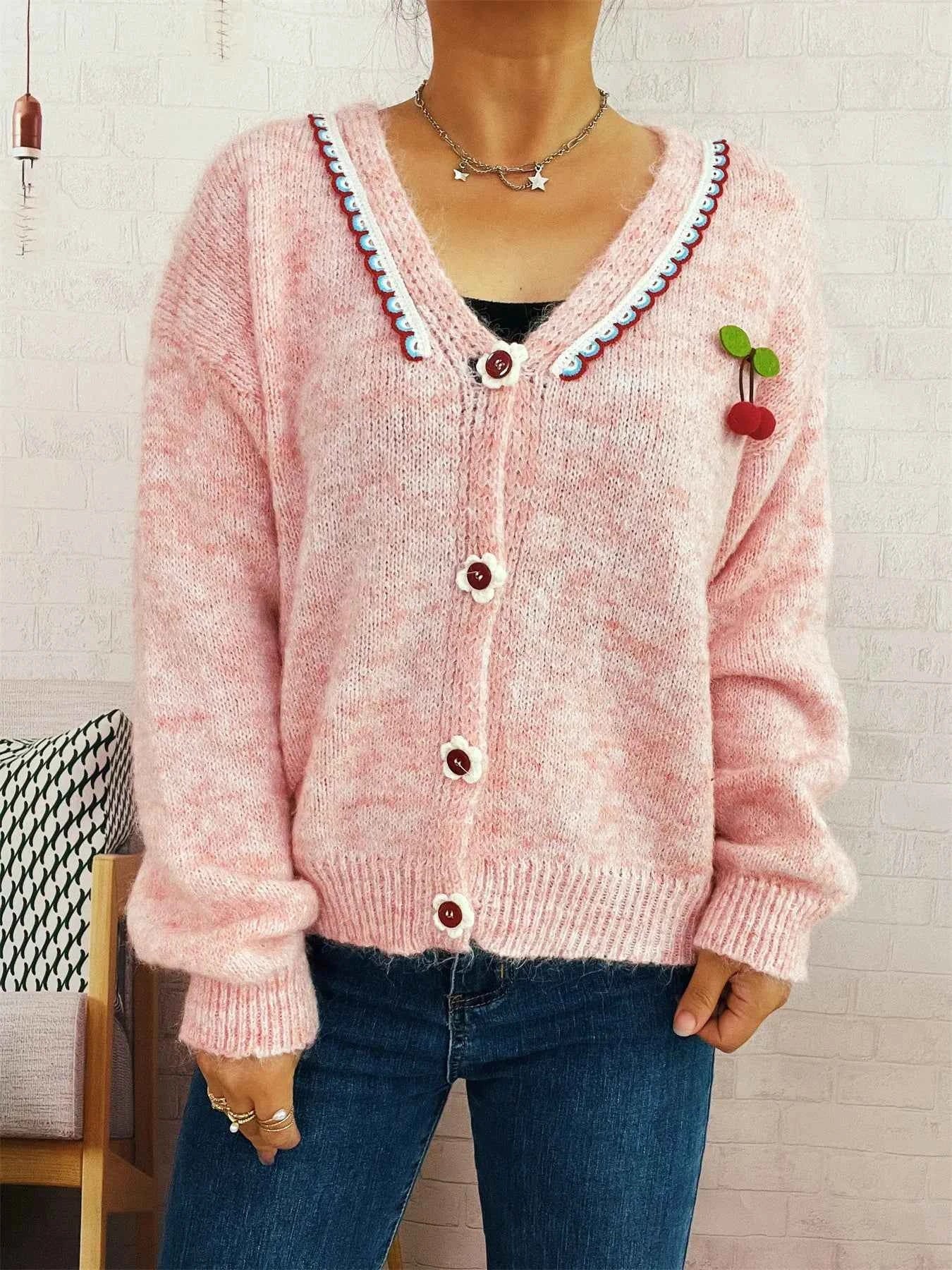 Cherry Button-Front Long Sleeve Cardigan a5b625628f564a669b006977c06b45e7-Max-Origin