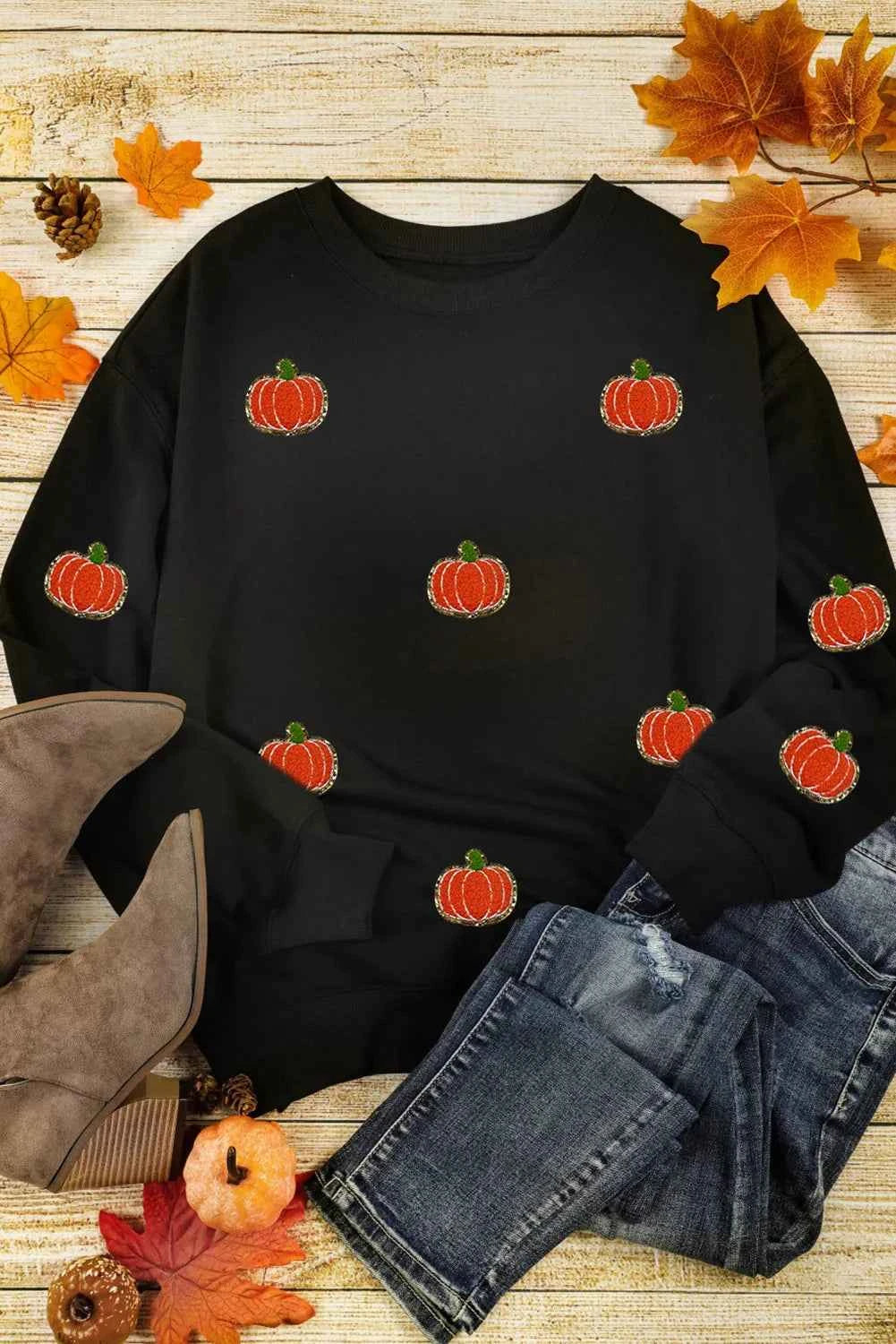 Pumpkin Round Neck Long Sleeve Sweatshirt a5c1d25f-8ad9-47ef-9638-0bebb850ba84-Max