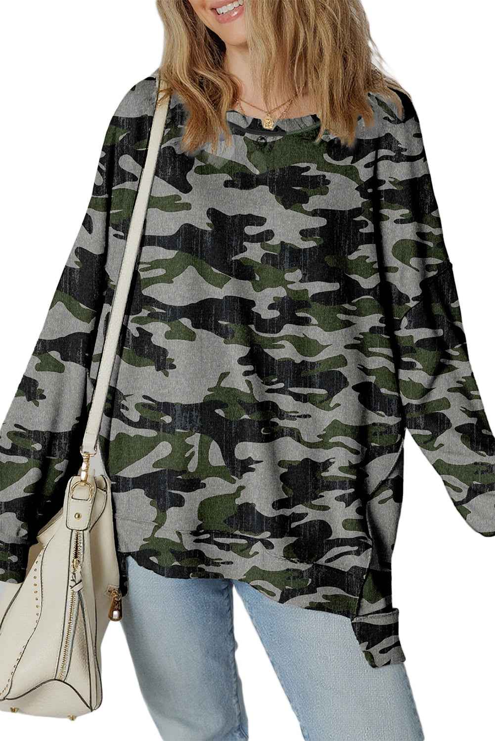 Brown Retro Camouflage Print Exposed Seam Patchwork Drop Shoulder Sweatshirt a5c20e017640ac34