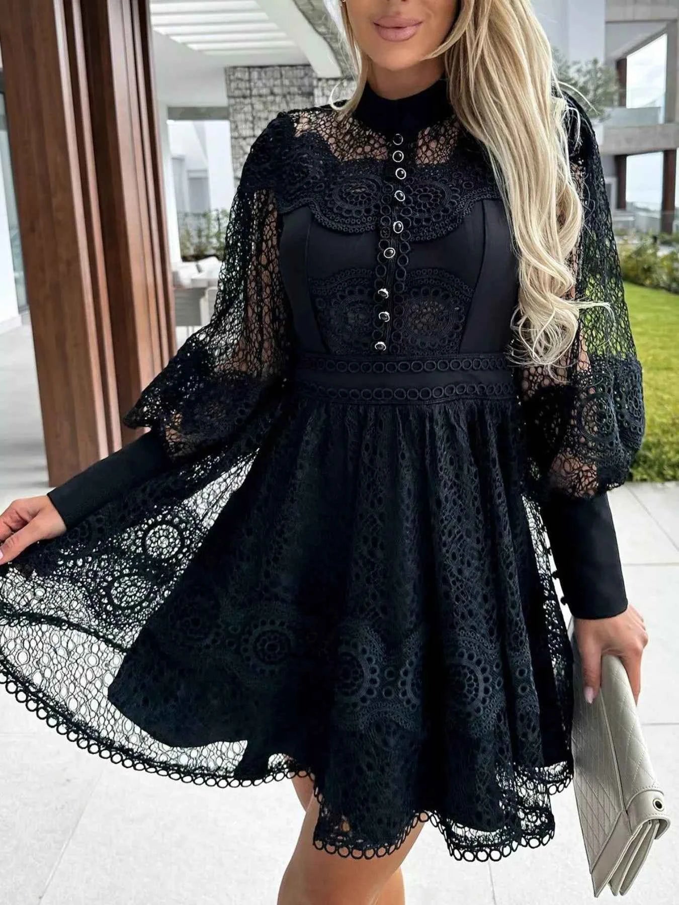 Lace Lantern Sleeve Mini Dress Black a5c503c7-f8bb-480e-ab6f-b3d7a4e69fd0-Max-Origin