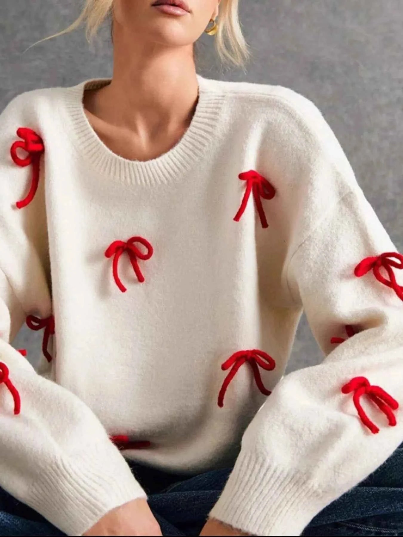 Bow Contrast Round Neck Long Sleeve Sweater