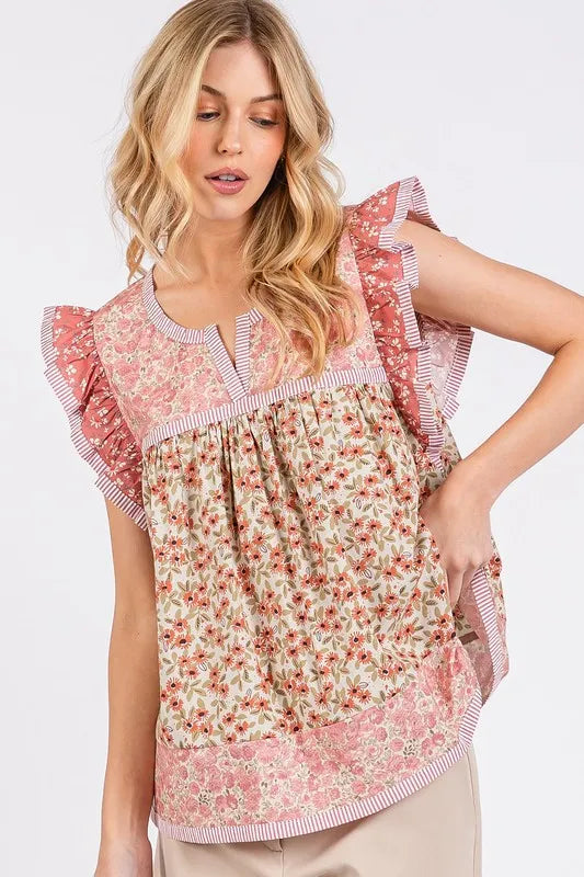 Floral Notched Ruffled Cap Sleeve Blouse a5cbc6f5-cc8d-4845-b173-7c63c1c35b1c-Max