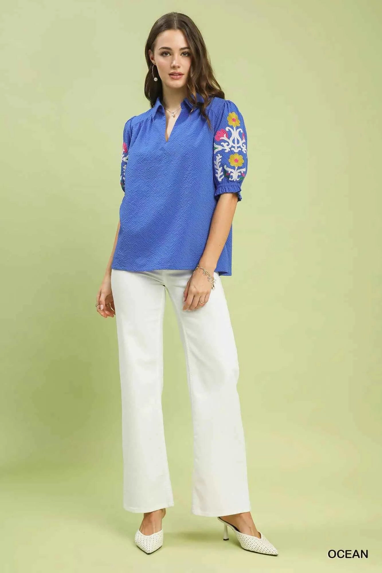 Umgee Seersucker Embroidered Sleeve Blouse a5cca801-d190-439c-8510-6901f0fe55de-Max-Origin