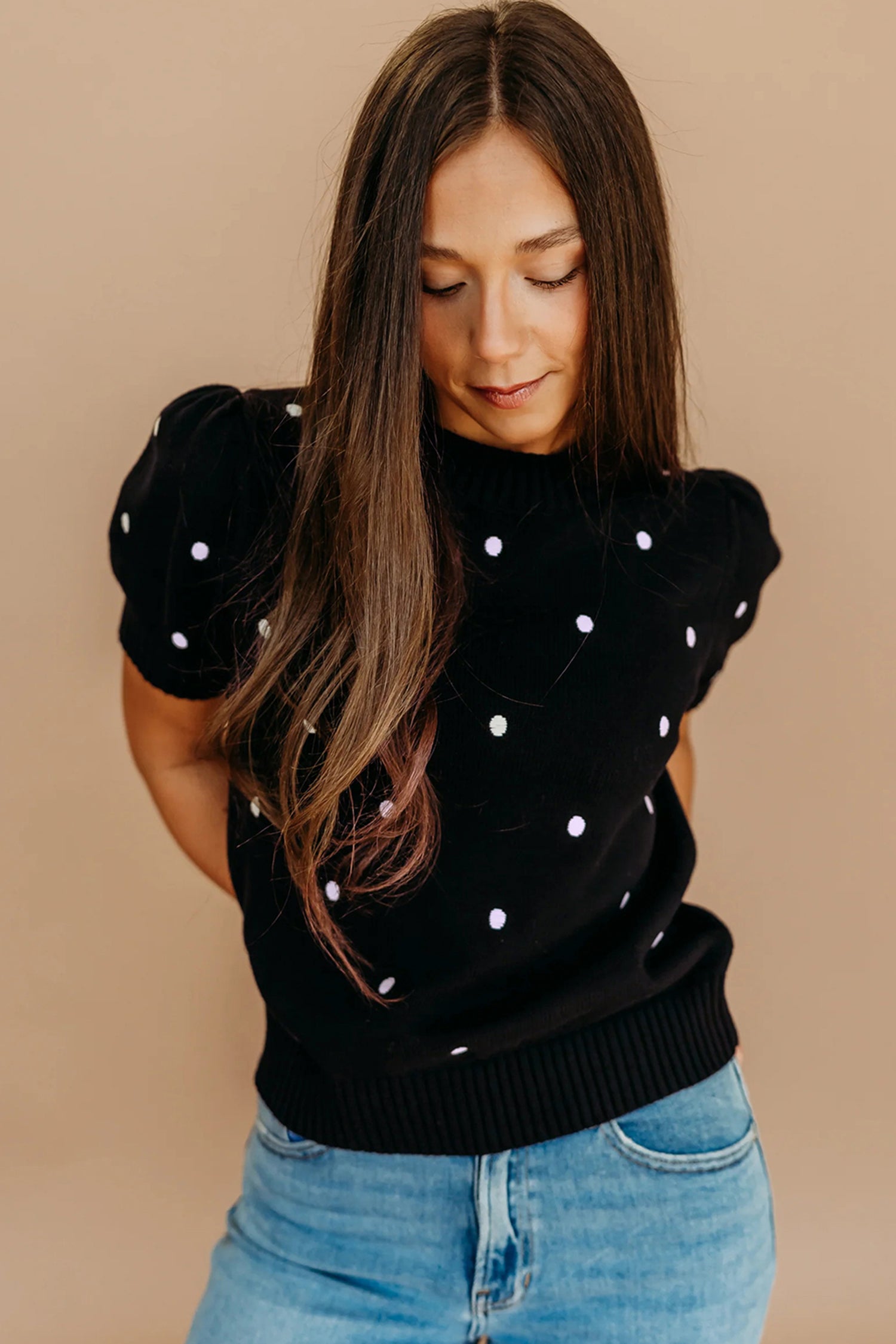 Black Elegant Polka Dot Bubble Short Sleeve Sweater a5cee8287427d5f7
