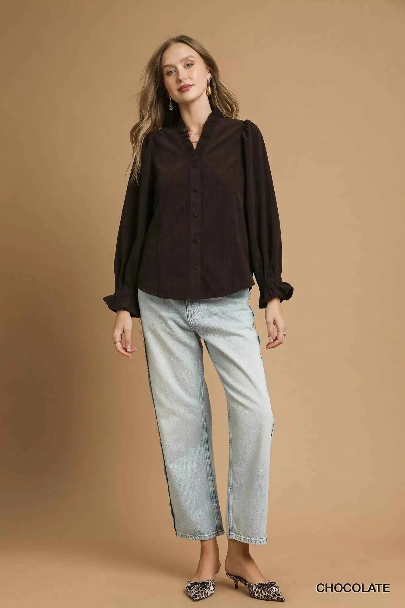 Corduroy Ruffle Shirt with Long Puff Sleeves a5d0b8d0-400a-4518-99ad-ae96f423f9e5-Max-Origin
