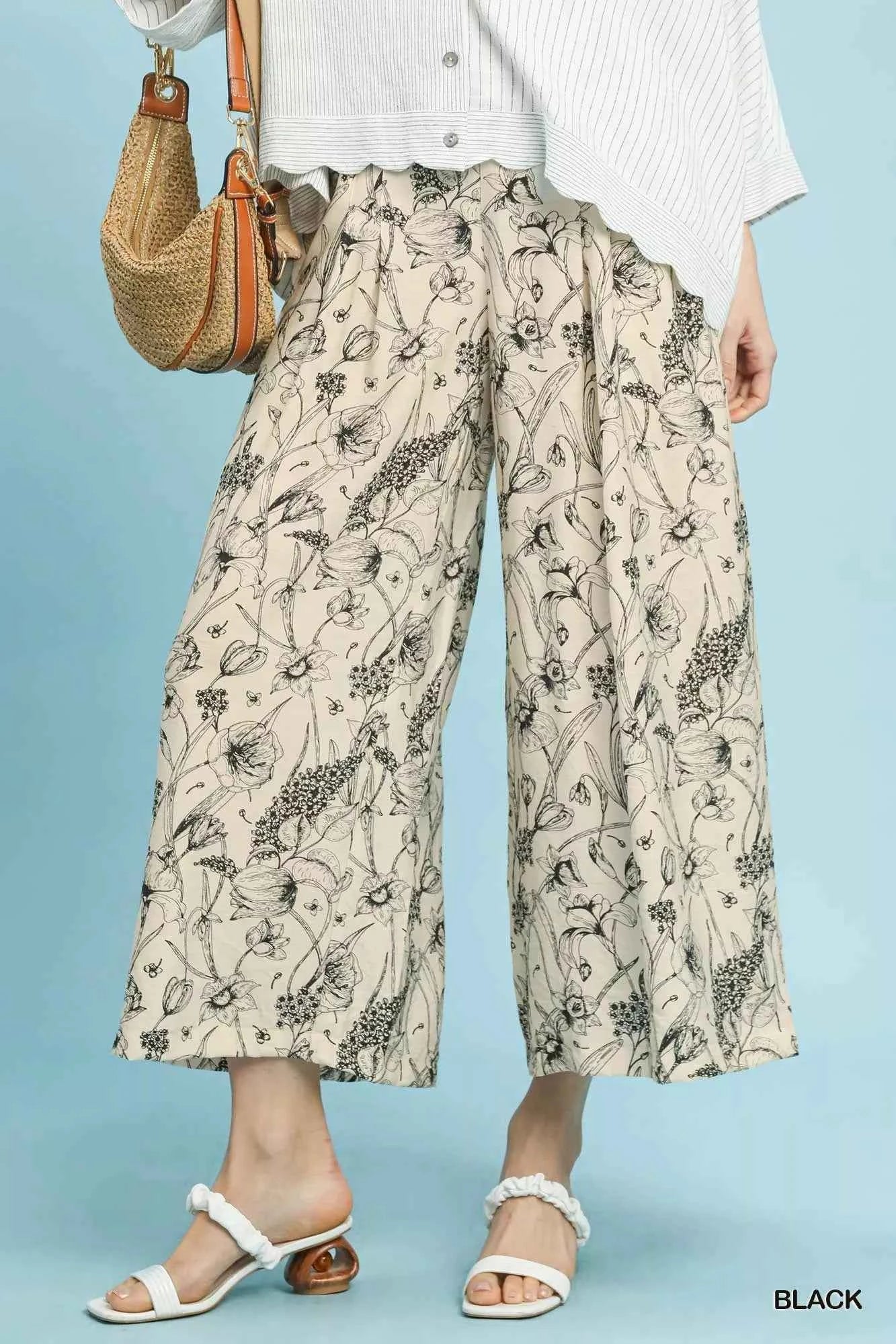 Umgee Two Tone Floral Print Pants BLACK a5d2b497-f2b7-4bda-a636-5a9e67b8201d-Max-Origin