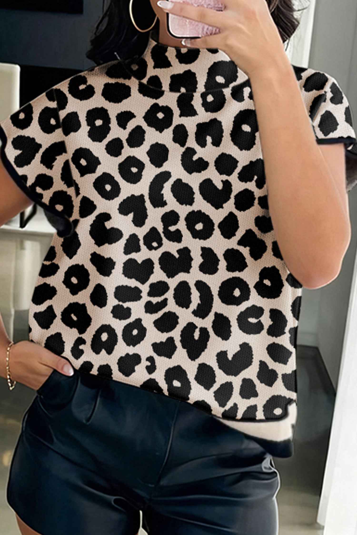 Black Leopard Print High Neck Short Sleeve Sweater Black 52%Viscose+26%Polyester+22%Polyamide a5d2ec4b1b87e14a