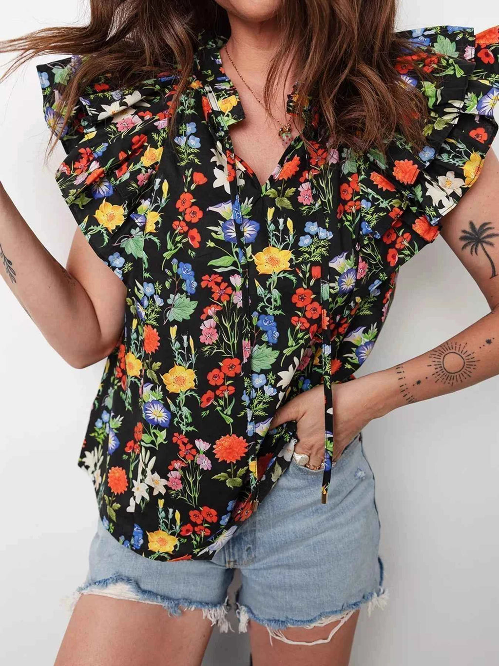 Tiered Flutter Sleeve V Neck Flower Blouse a5d3d5d88a6b4988885acfa492844583-Max-Origin