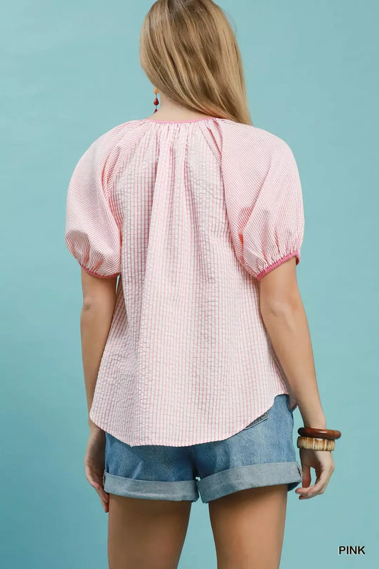 Checker Puff Sleeve Button Front Blouse a5d72077-5da1-459d-959a-c30c48b164a6-Max-Origin
