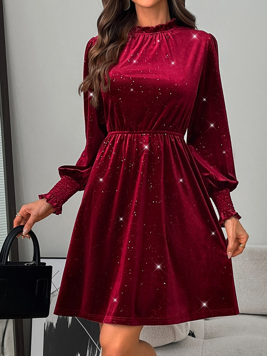 Glitter Mock Neck Long Sleeve Mini Dress