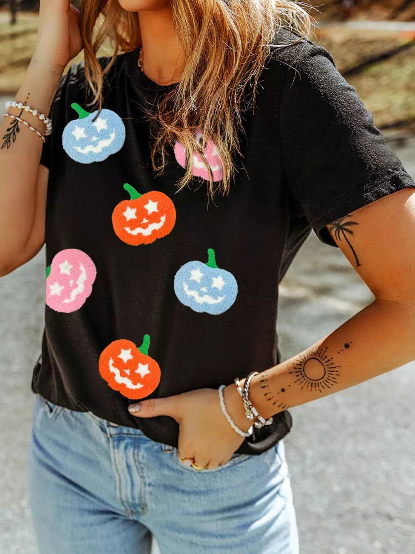 Chenille Pumpkin Patched Playful Halloween T Shirt Black a5e1cf69753e407fb4dd1b598982d652-Max-Origin