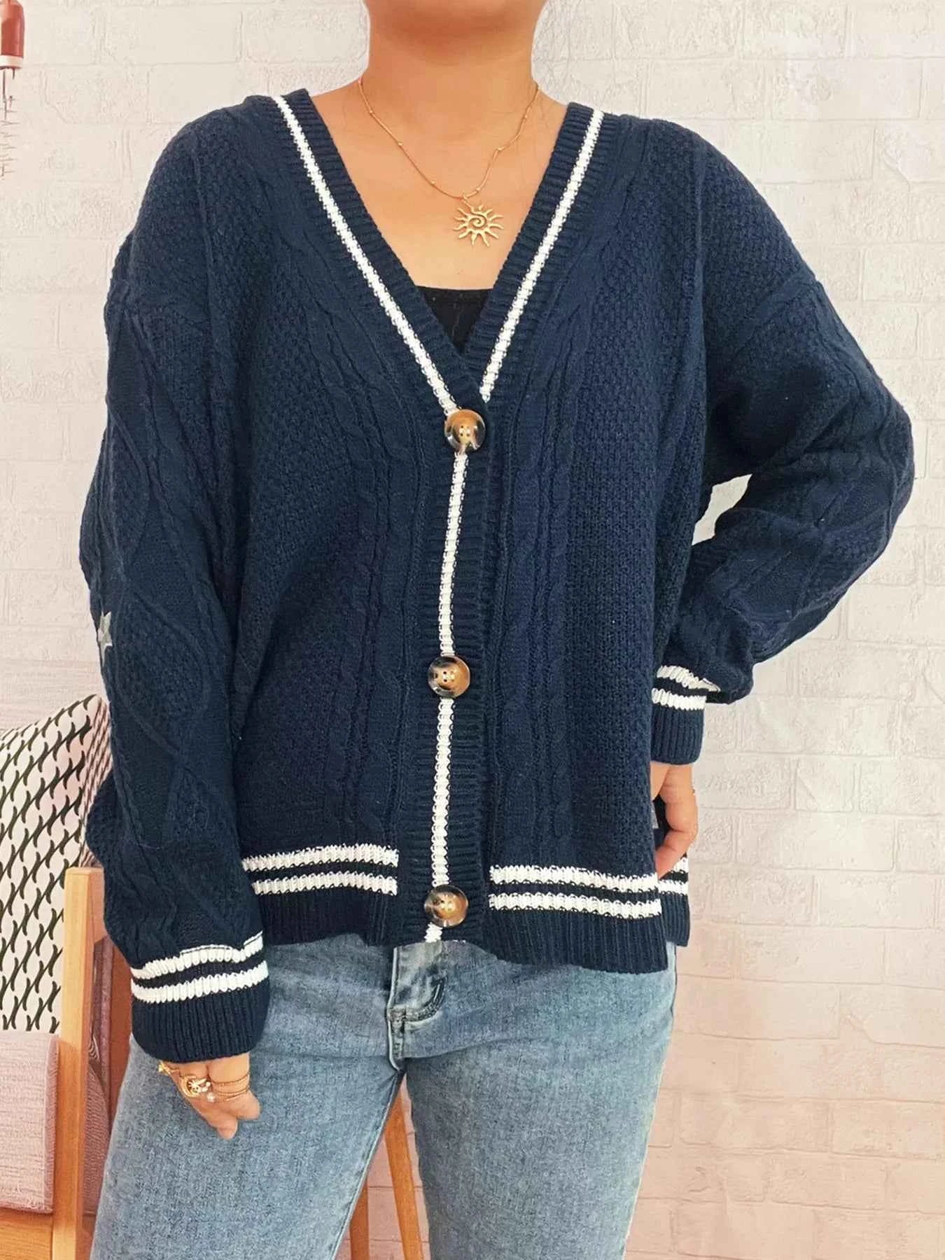 Star Pattern Button-Up Cardigan with Contrast Trim Dark Blue One Size a5e21ff2d80c4e2baffeaea504c58f2a-Max-Origin