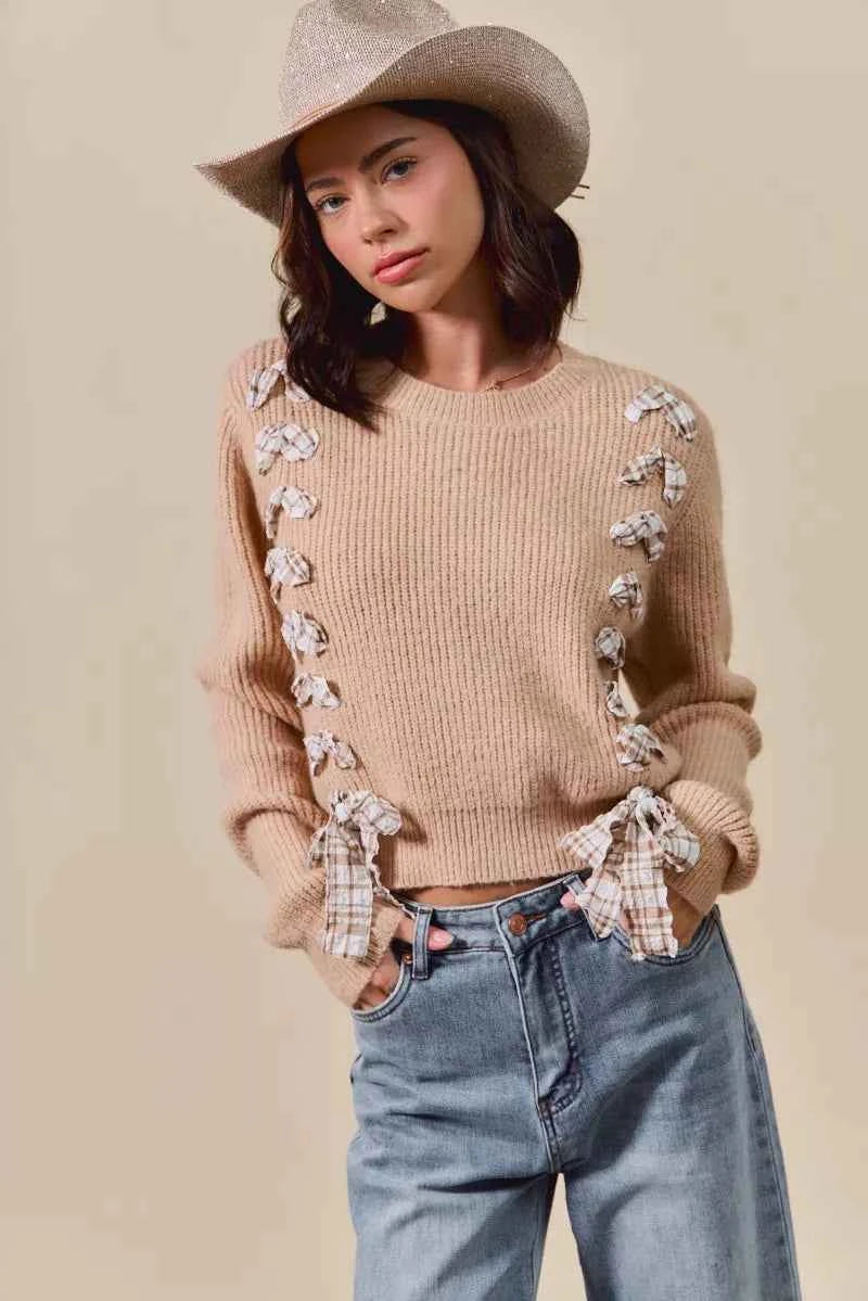 SO ME Checkered Plaid Tape Lace Up Ribbed Sweater TAUPE a5e372183e434853a644445d24b069e6-Max-Origin