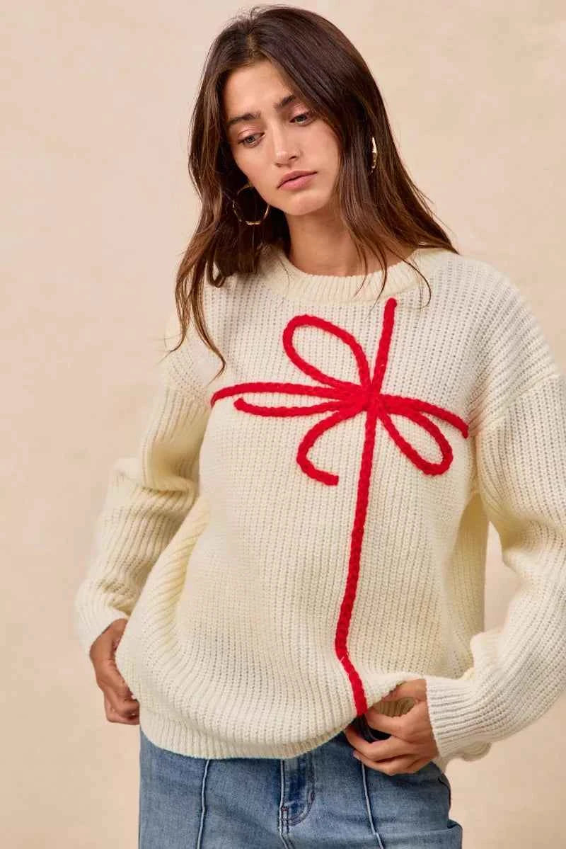 BiBi Christmas Ribbon Bow Embroidery Sweater a5e3d8027c924143bfcf083d67602a5d-Max-Origin