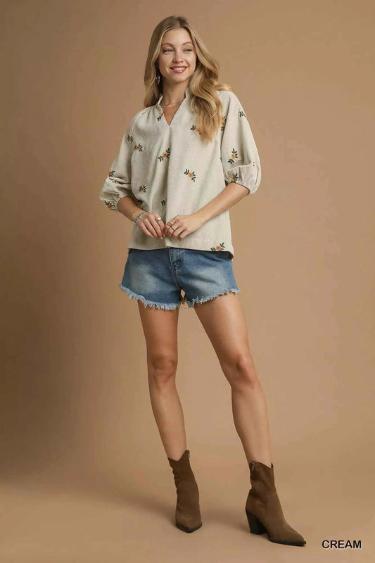 Corduroy Floral Embroidered Puff Sleeve Blouse a5ed022f-9925-40f6-ae2e-986c7410001f-Max-Origin