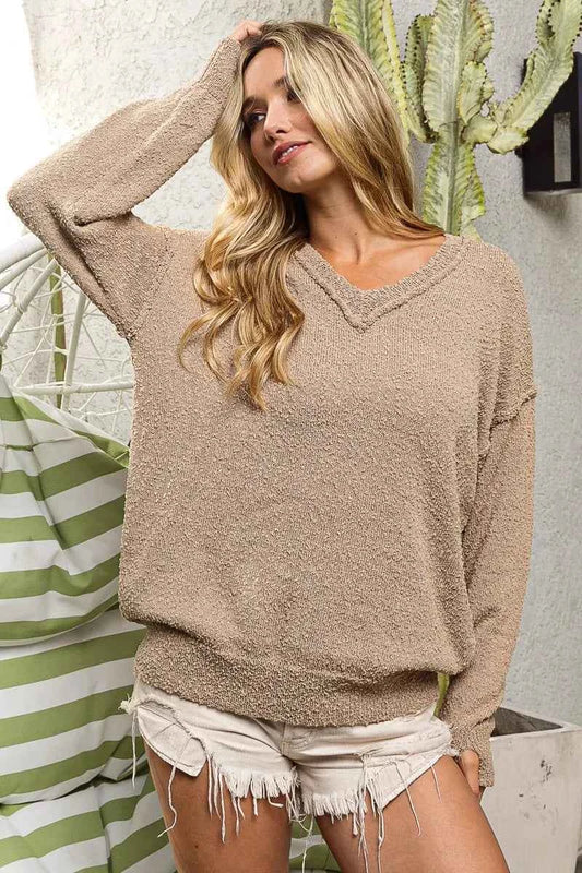 Raw Edged Popcorn Texture V-neck Sweater a5f14006bcbb4071a2688523eaaccc45-Max-Origin