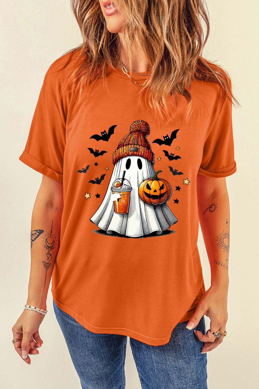 Orange Playful Halloween Ghost Pumpkin Heat Transfer Printing Tee Orange 62%Polyester+32%Cotton+6%Elastane a5f3b6e28f93d3a1