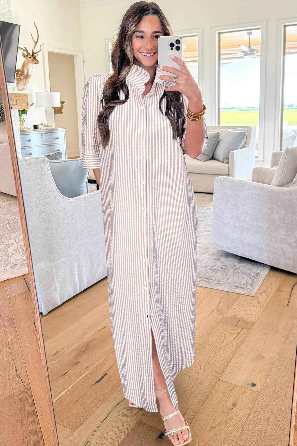 Khaki Stripe Frilled Collar Half Sleeve Shirt Maxi Dress a5f62f88d34397e0