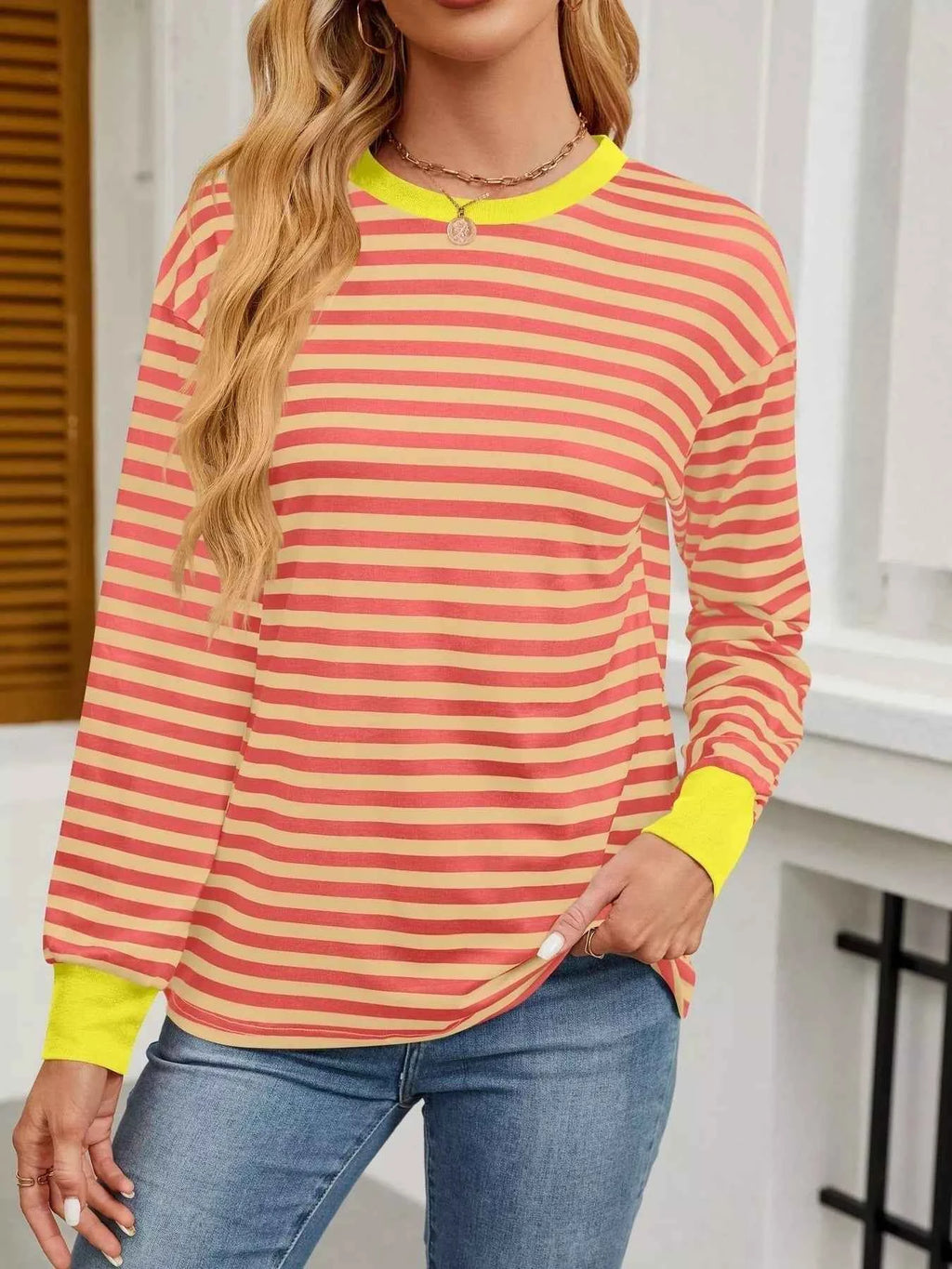 Striped Round Neck Long Sleeve T-Shirt a5f7371d49f747a3940077ac83f18a2a-Max-Origin
