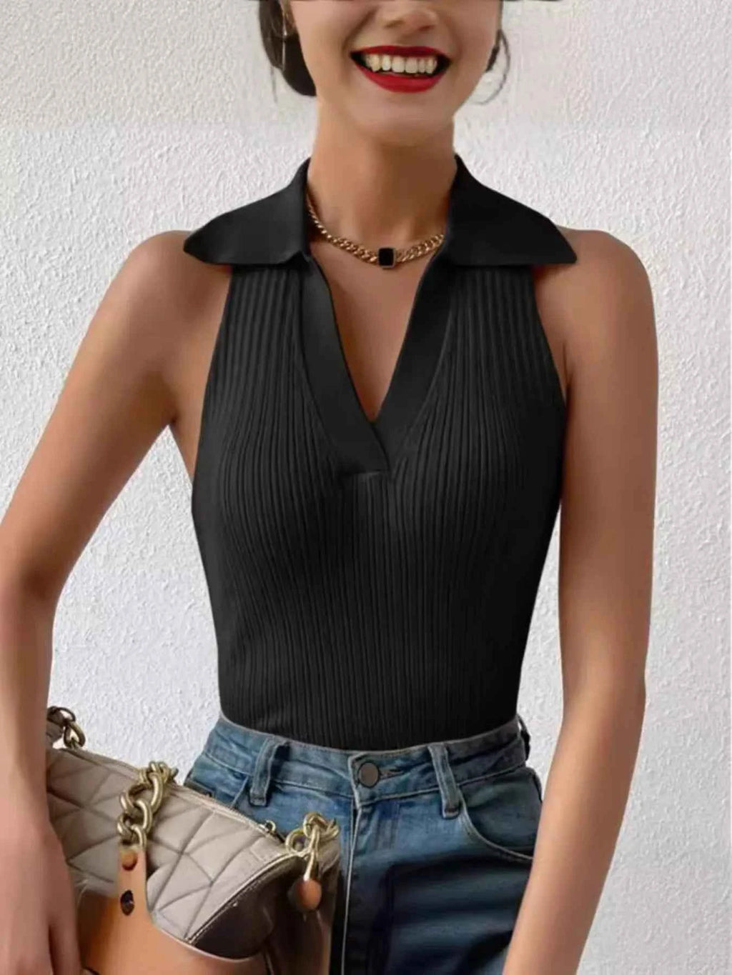 Ribbed Knit Sleeveless Polo Collar Tank Top a5f9658ceb294b10b4cc5b96132aacc6-Max-Origin
