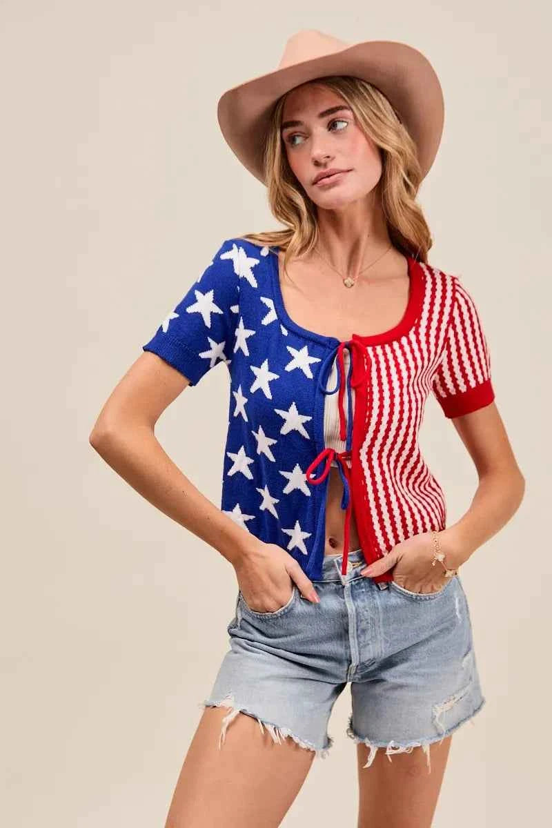 SO ME Stars And Stripe Front Bow Tie Cardigan ROYAL RED a5faec6770ea49e0b133709f24d83efd-Max-Origin