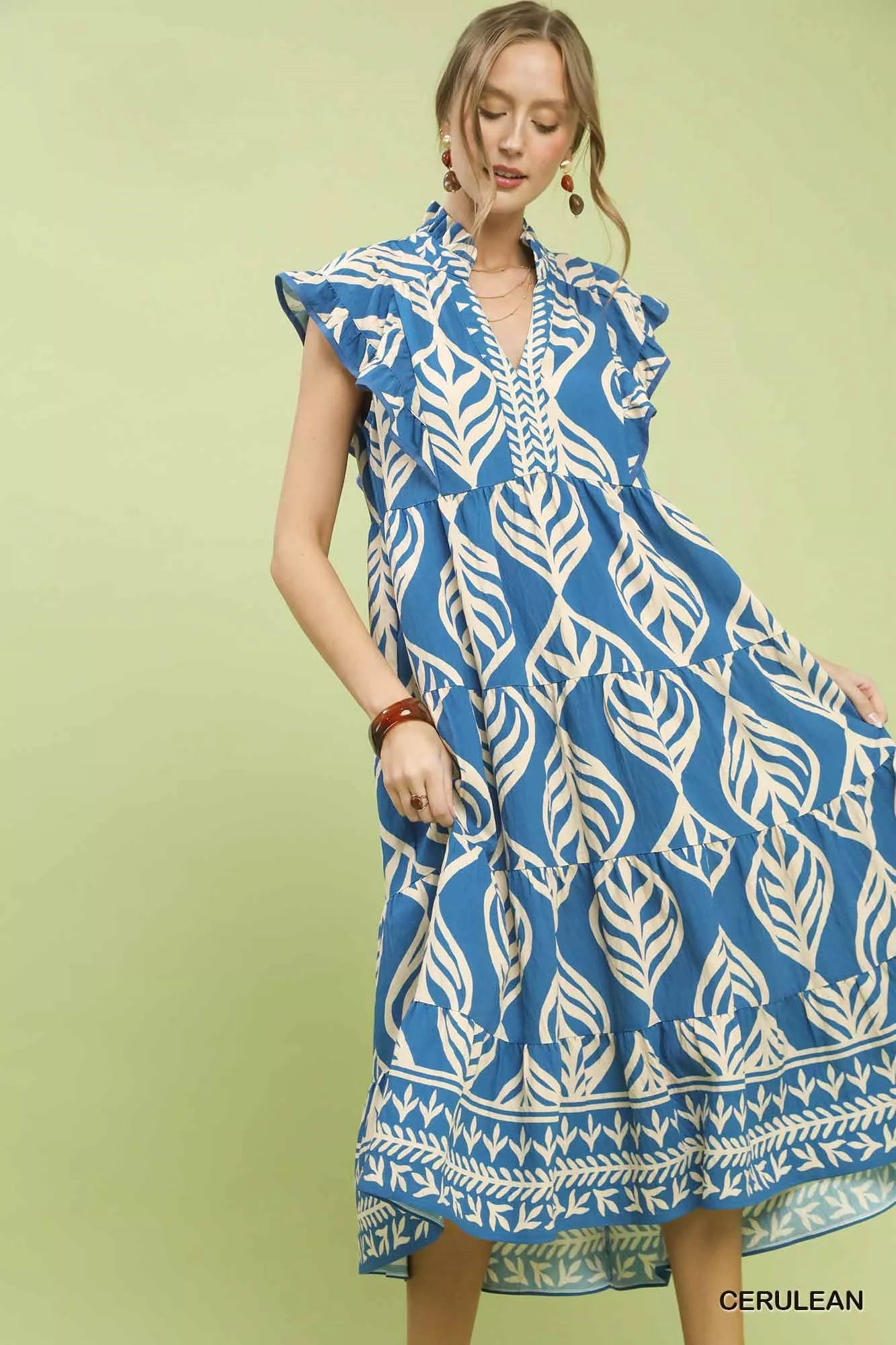 Umgee Leaf Print Tiered Midi Dress with Pockets a5fca3fc-588e-4175-8b8e-b7020e812e20-Max-Origin