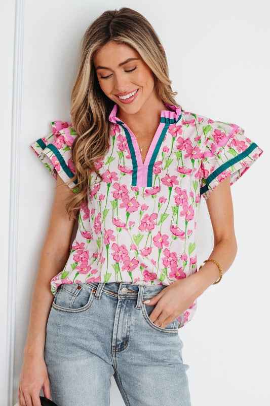 Floral Contrast V-Neck Ruffle Short Sleeve Blouse a5fca4ad-1ccc-45f7-8d57-10b274b3e92a