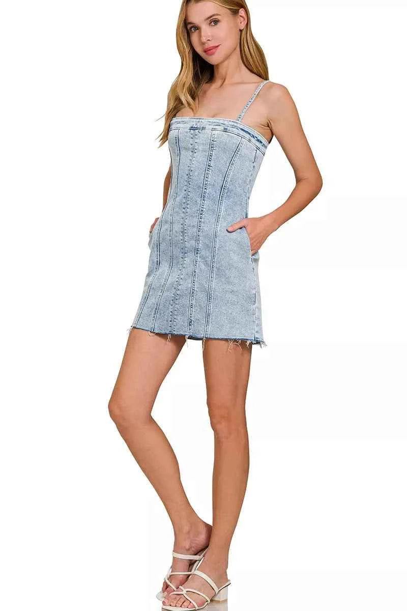 Zenana Spaghetti Strap Exposed Seam Light-Wash Dress a60181735f0a494cb26b767afb76635b-Max-Origin