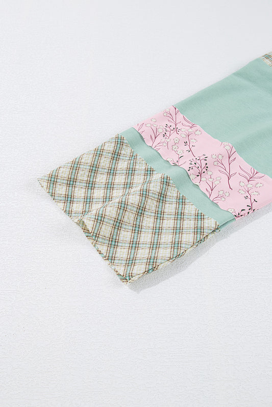 Aqua Plaid Floral Patchwork Heart Long Sleeve Top a6018a907c3b0e0d