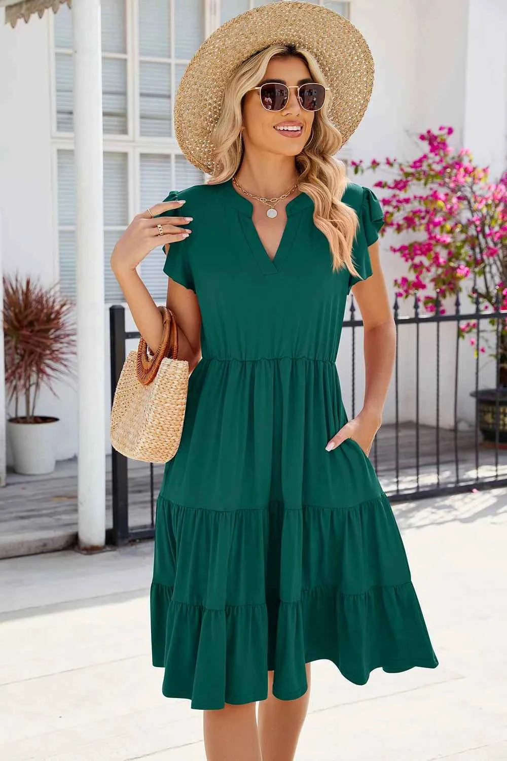 Ruched Notched Cap Sleeve Dress a604726e-1d78-4cee-b625-ad1d75d7c16f-Max