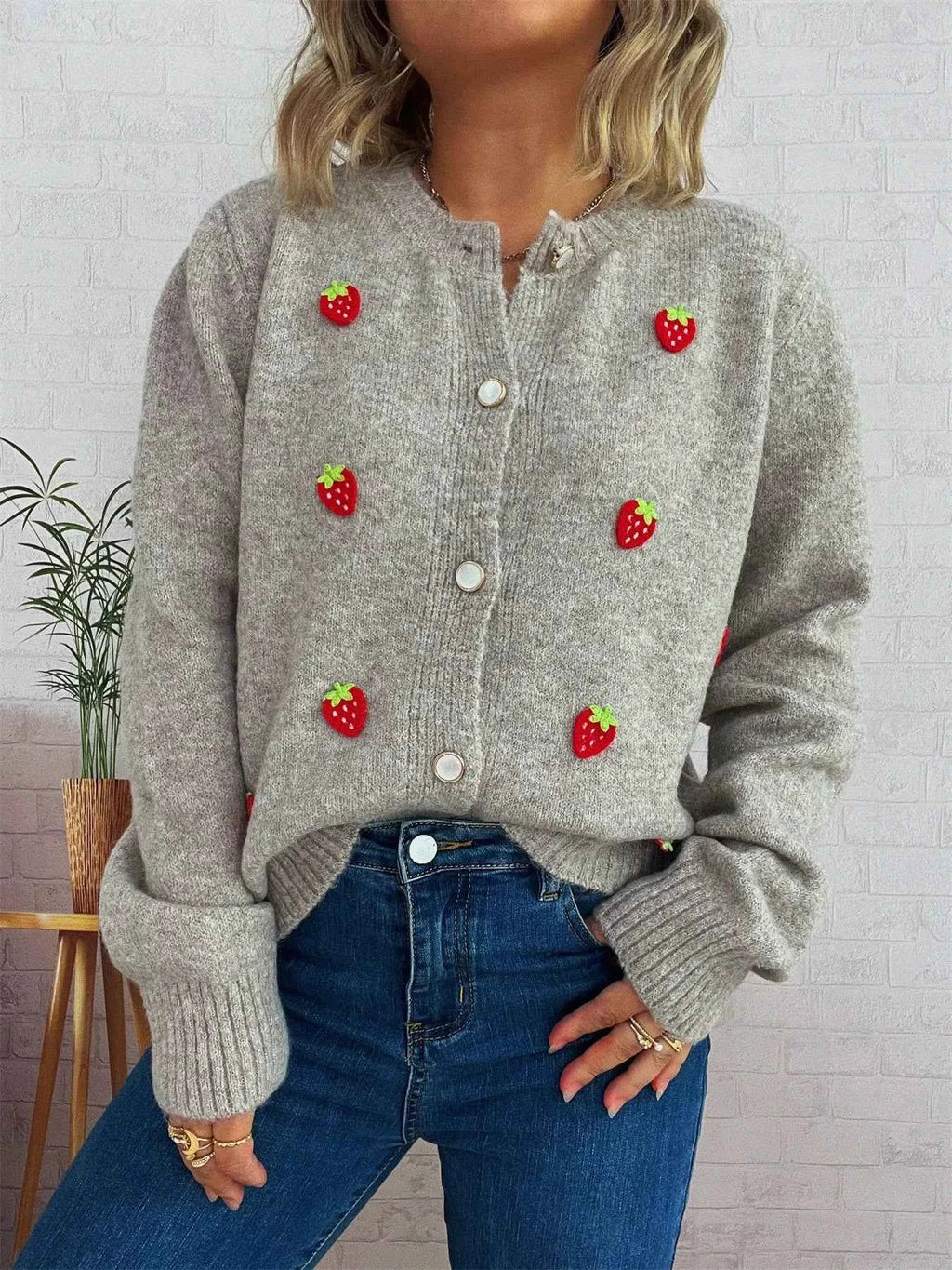 Strawberry Button Up Long Sleeve Cardigan a6052a36-2888-4811-bf3b-3f7f3958276b-Max-Origin