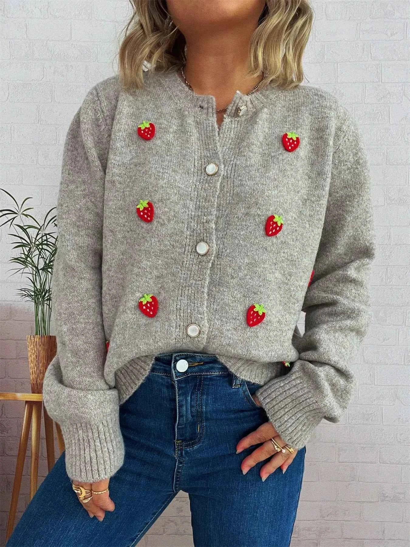 Strawberry Button Up Long Sleeve Cardigan a6052a36-2888-4811-bf3b-3f7f3958276b-Max-Origin