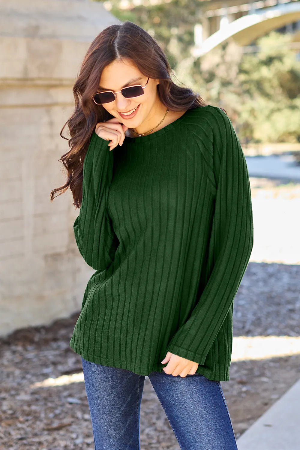 Basic Bae Full Size Ribbed Round Neck Long Sleeve Knit Top Dark Green a6055e9d89704813b9e1356c802500a1-Max