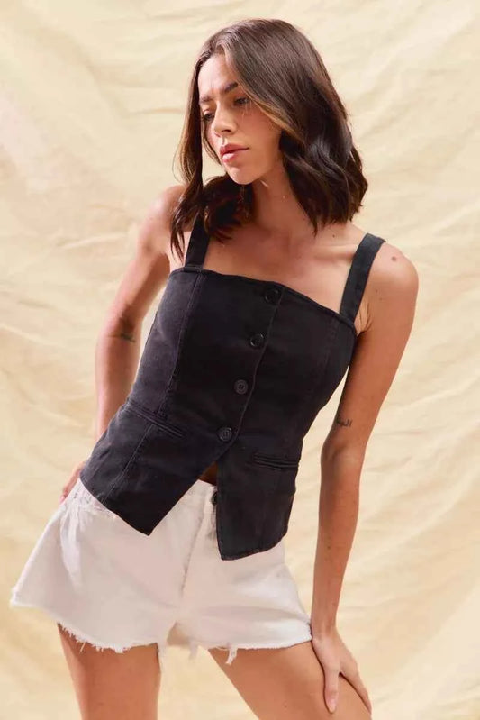 Button Down Sleeveless Game Day Fitted Denim Top a60634687ef64b848024baf3a3cabba5-Max-Origin