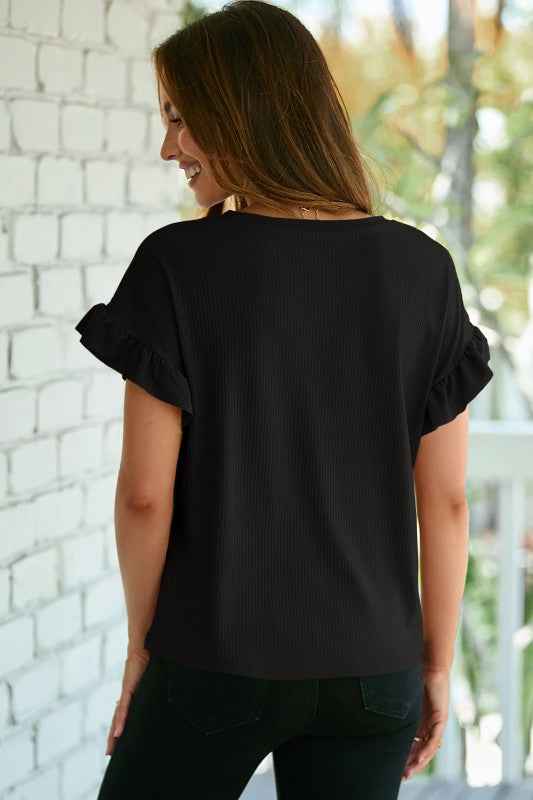 Solid Ribbed Knit Ruffle Short Sleeve T-Shirt a60c5863-012a-4830-bdb9-c94b585658b8
