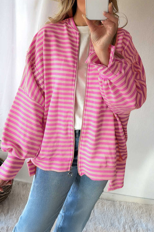 Pink Stripe Zip-up Puff Sleeve Zip Jacket Sweatshirt Pink Stripe 95%Cotton+5%Elastane a60cde1bee6ef795